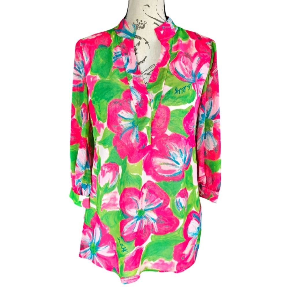 Lilly Pulitzer -616 3/4 sleeve Floral‎ Blouse Green Pink Women's size 0 XS